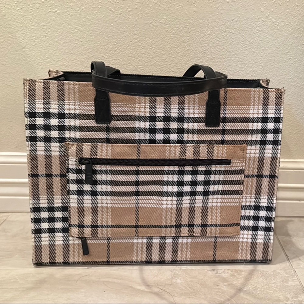 BEIS Tan Plaid Tote with Black Trim